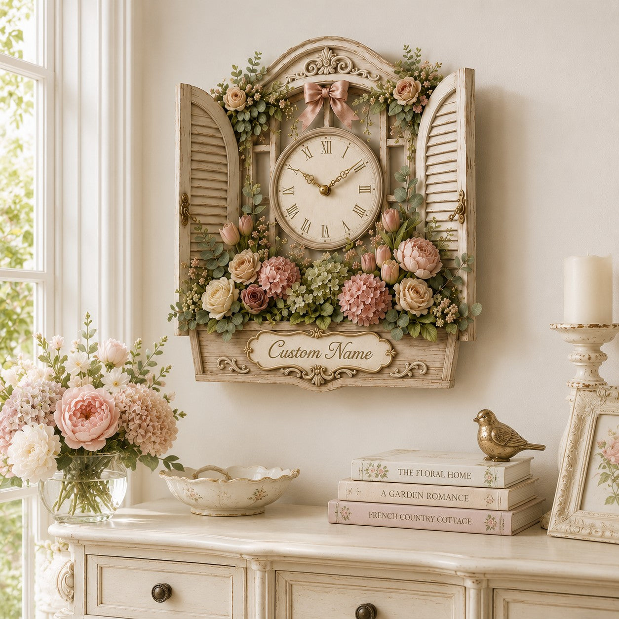 Floral window Custom Name Wall Clock — personalized with a custom name