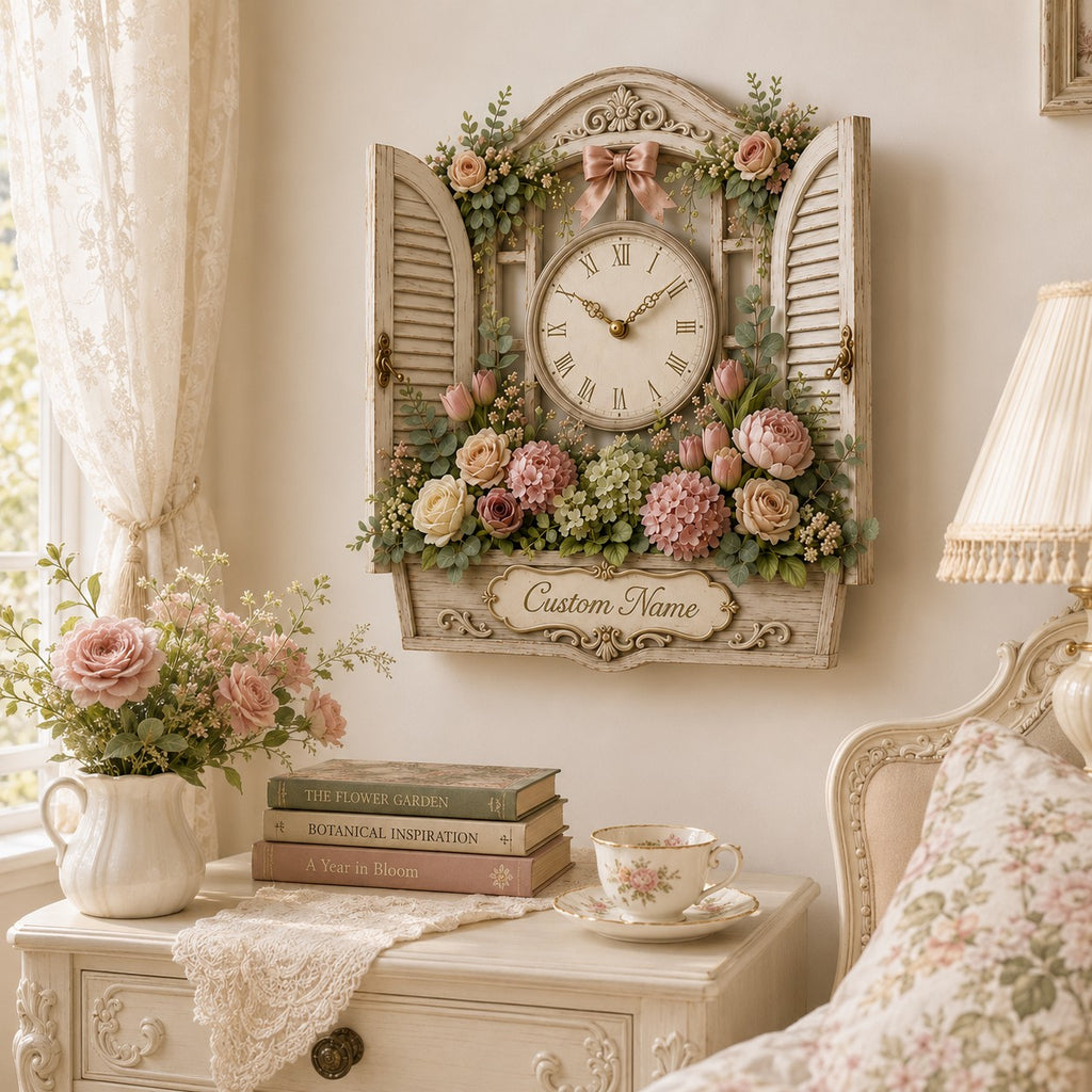 Floral window Custom Name Wall Clock — personalized with a custom name