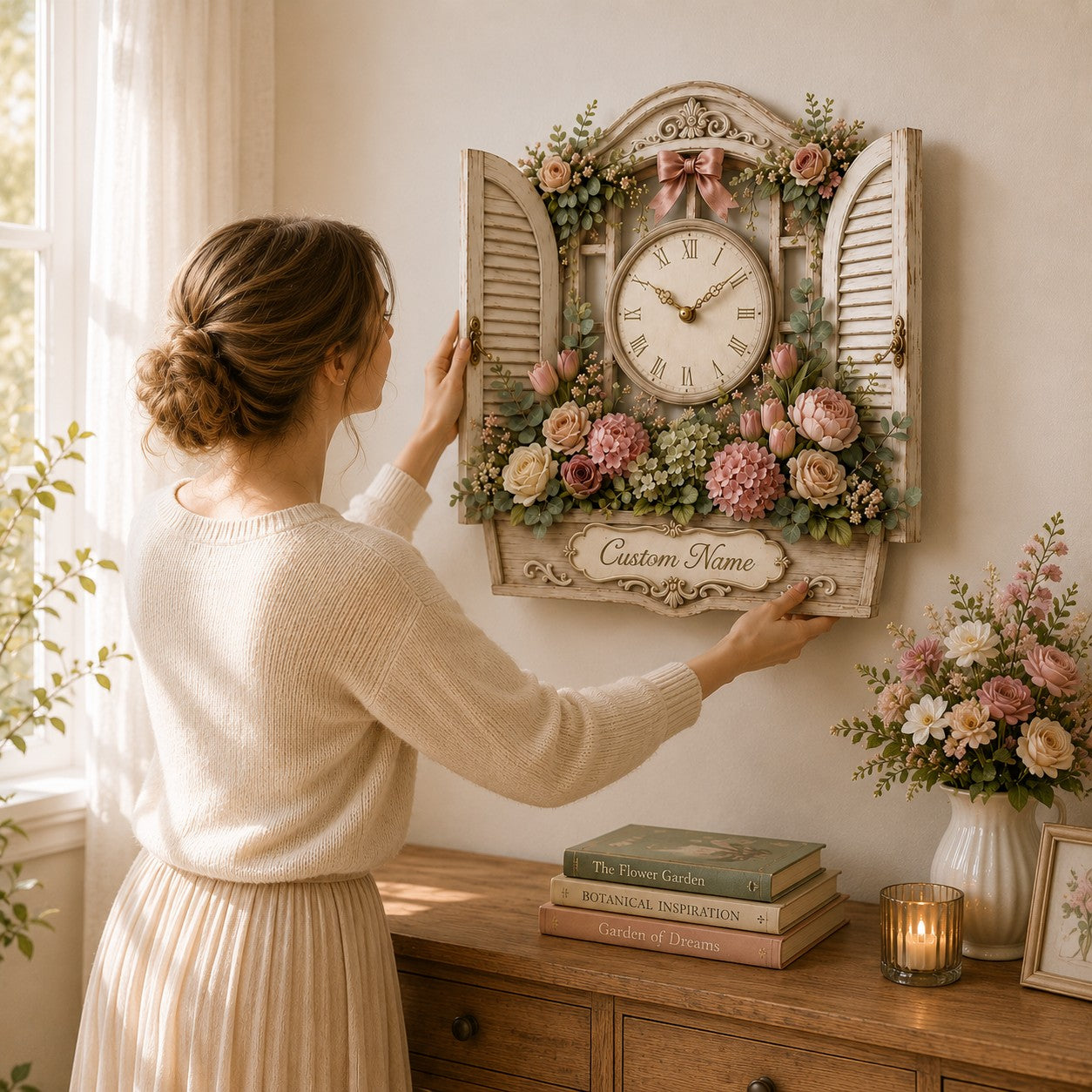 Floral window Custom Name Wall Clock — personalized with a custom name