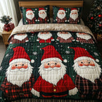 Jolly Gnomes Squares quilted 3-piece bedding set on a made bed with two matching pillow shams