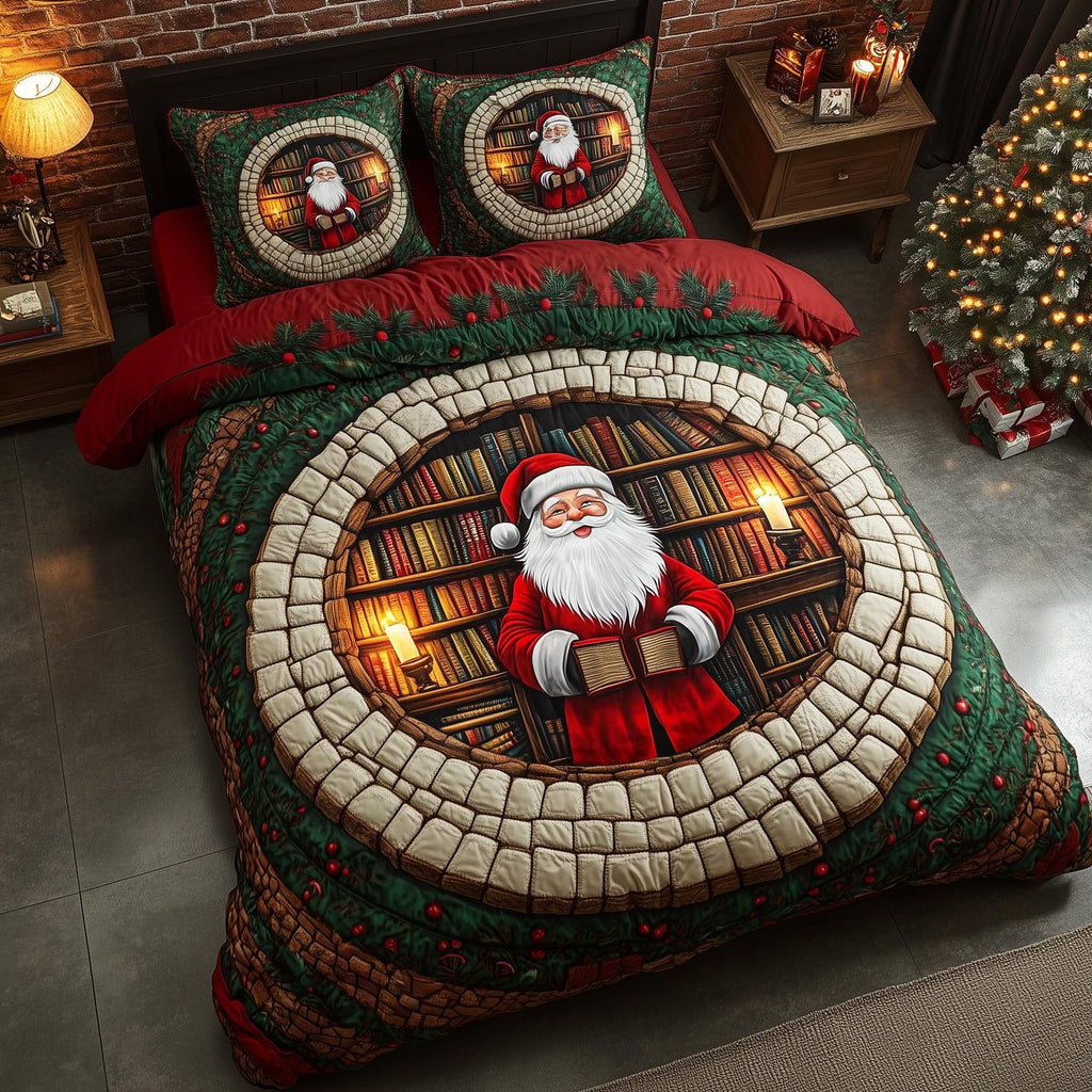 Jolly Santa Reading quilted 3-piece bedding set on a made bed in a winter-styled bedroom