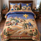 Journey to Bethlehem quilted 3-piece bedding set on a made bed with two matching pillow shams