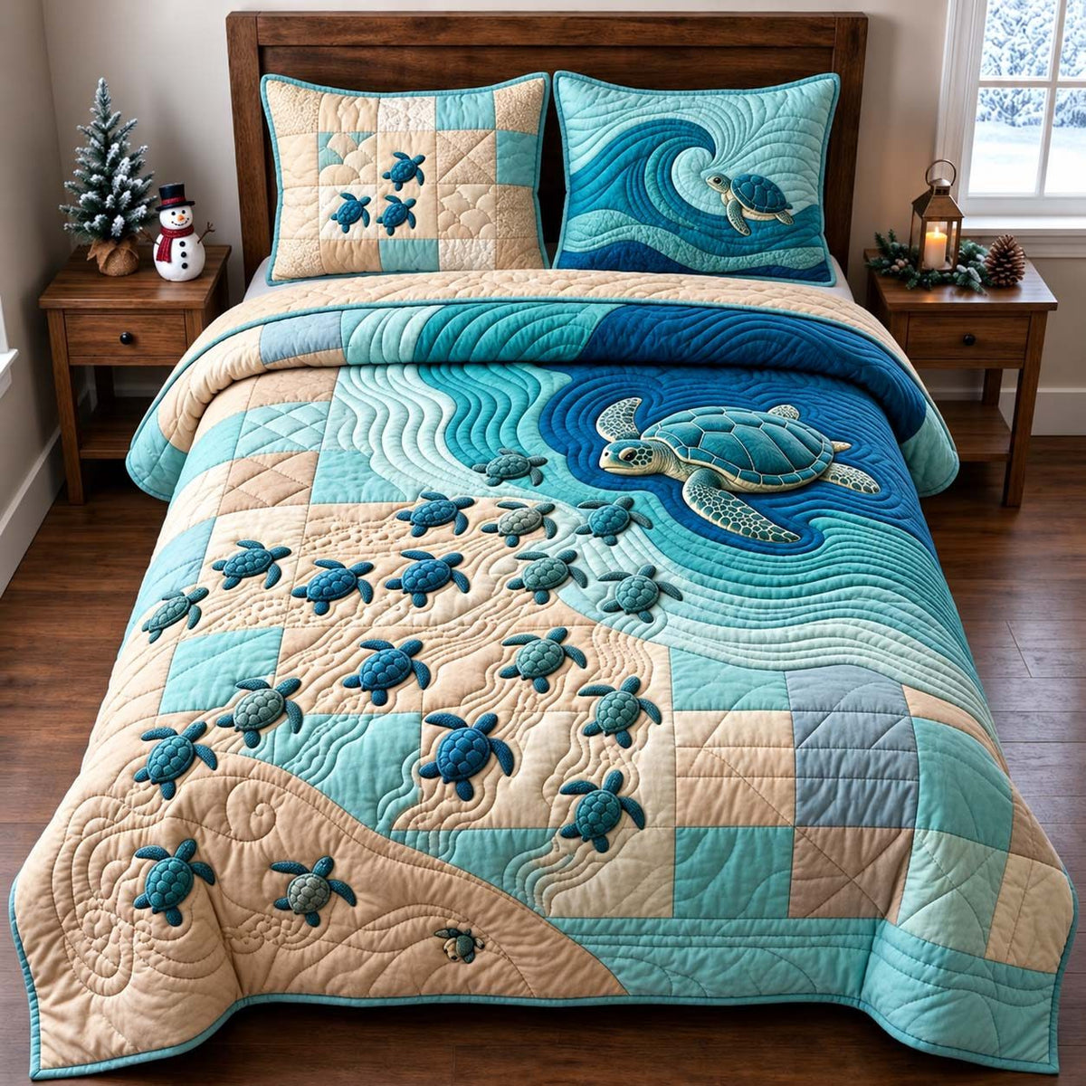 Journey To Sea quilted 3-piece bedding set on a made bed in a light coastal bedroom