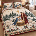 Joyful Advent quilted 3-piece bedding set on a made bed in a winter-styled bedroom