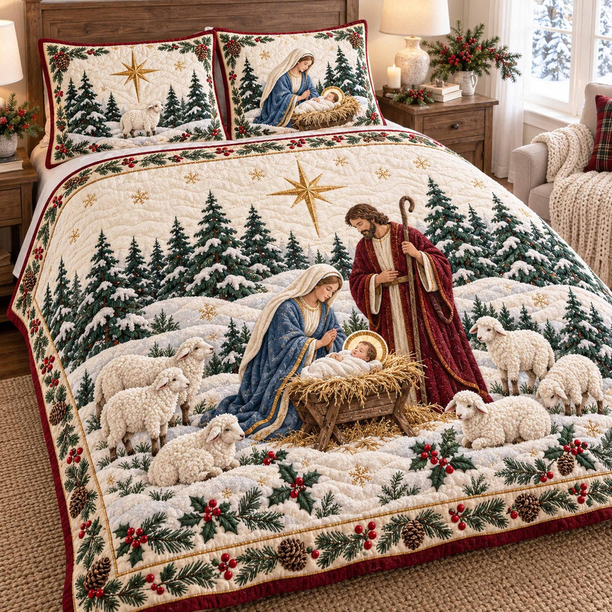 Joyful Advent quilted 3-piece bedding set on a made bed in a winter-styled bedroom