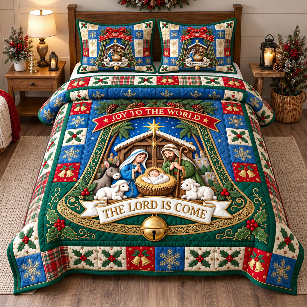 Joyful Nativity quilted 3-piece bedding set on a made bed in a winter-styled bedroom