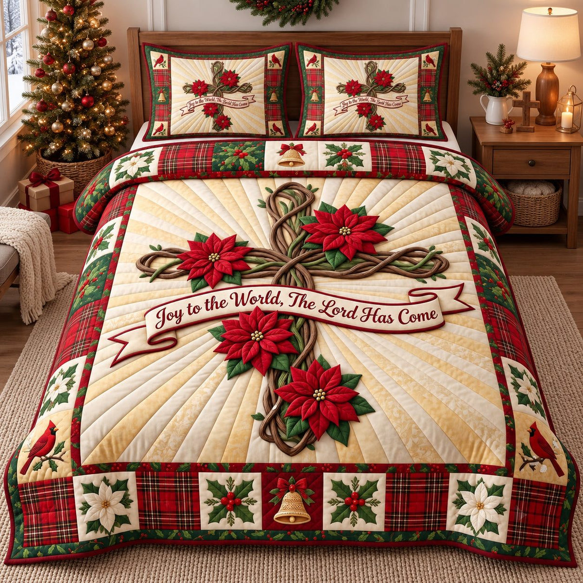 Joyful Poinsettia Cross quilted 3-piece bedding set on a made bed in a winter-styled bedroom