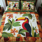 Joyful Toucans Cream quilted 3-piece bedding set on a made bed with two matching pillow shams