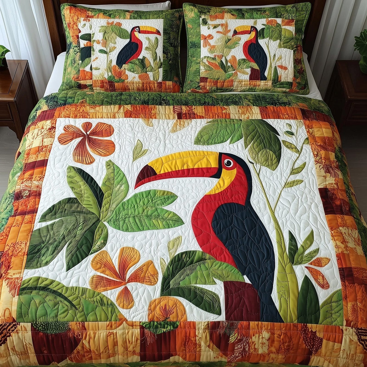 Joyful Toucans Cream quilted 3-piece bedding set on a made bed with two matching pillow shams