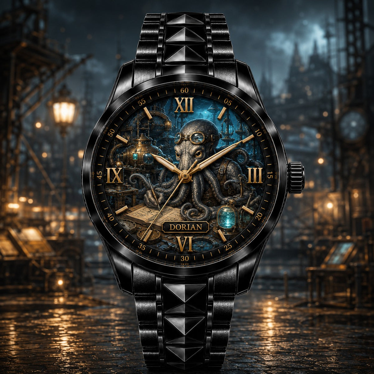 Custom Steampunk Octopus Inventor Watch — personalized with a custom name