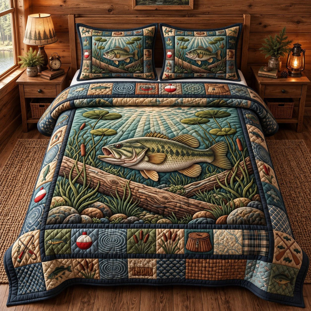 Jumping Bass Log Rustic quilted 3-piece bedding set on a made bed in a farmhouse bedroom
