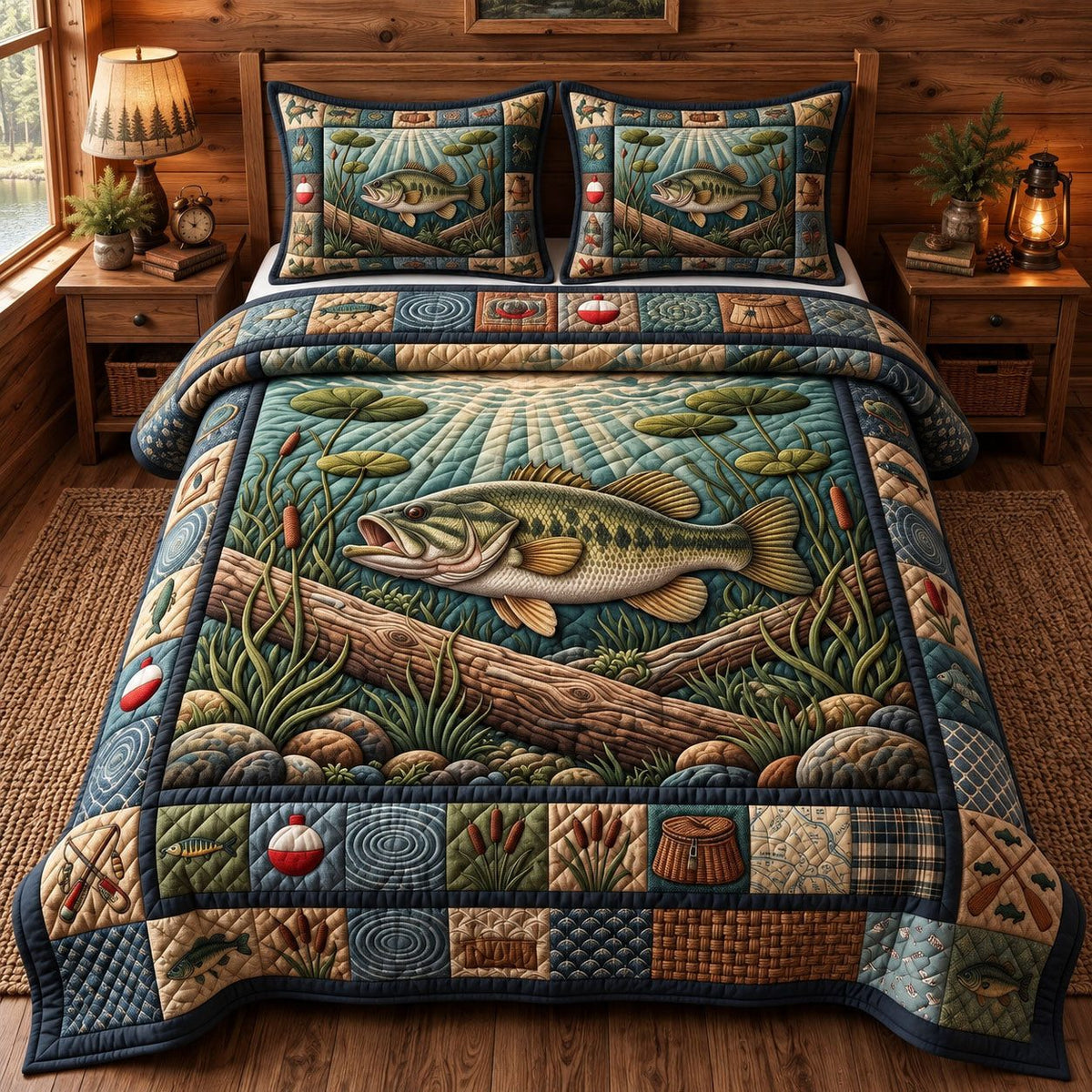 Jumping Bass Log Rustic quilted 3-piece bedding set on a made bed in a farmhouse bedroom
