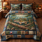 Jumping Bass Log Rustic quilted 3-piece bedding set on a made bed in a farmhouse bedroom