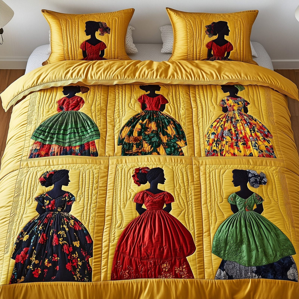 Juneteenth Ladies Rows quilted 3-piece bedding set on a made bed in a warmly lit bedroom