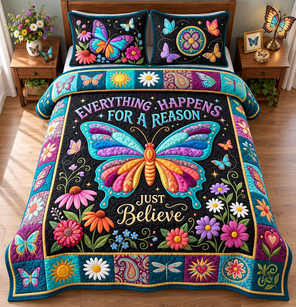 Just Believe quilted 3-piece bedding set on a made bed with two matching pillow shams