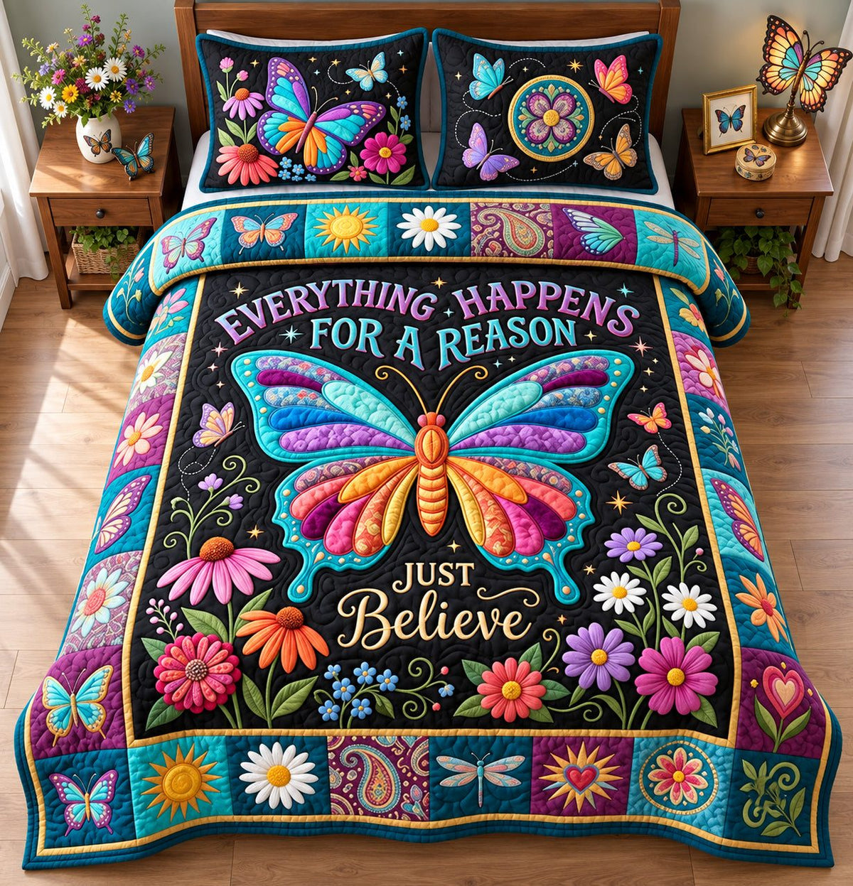 Just Believe quilted 3-piece bedding set on a made bed with two matching pillow shams