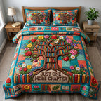 Just One More Chapter Tree quilted 3-piece bedding set on a made bed with two matching pillow shams