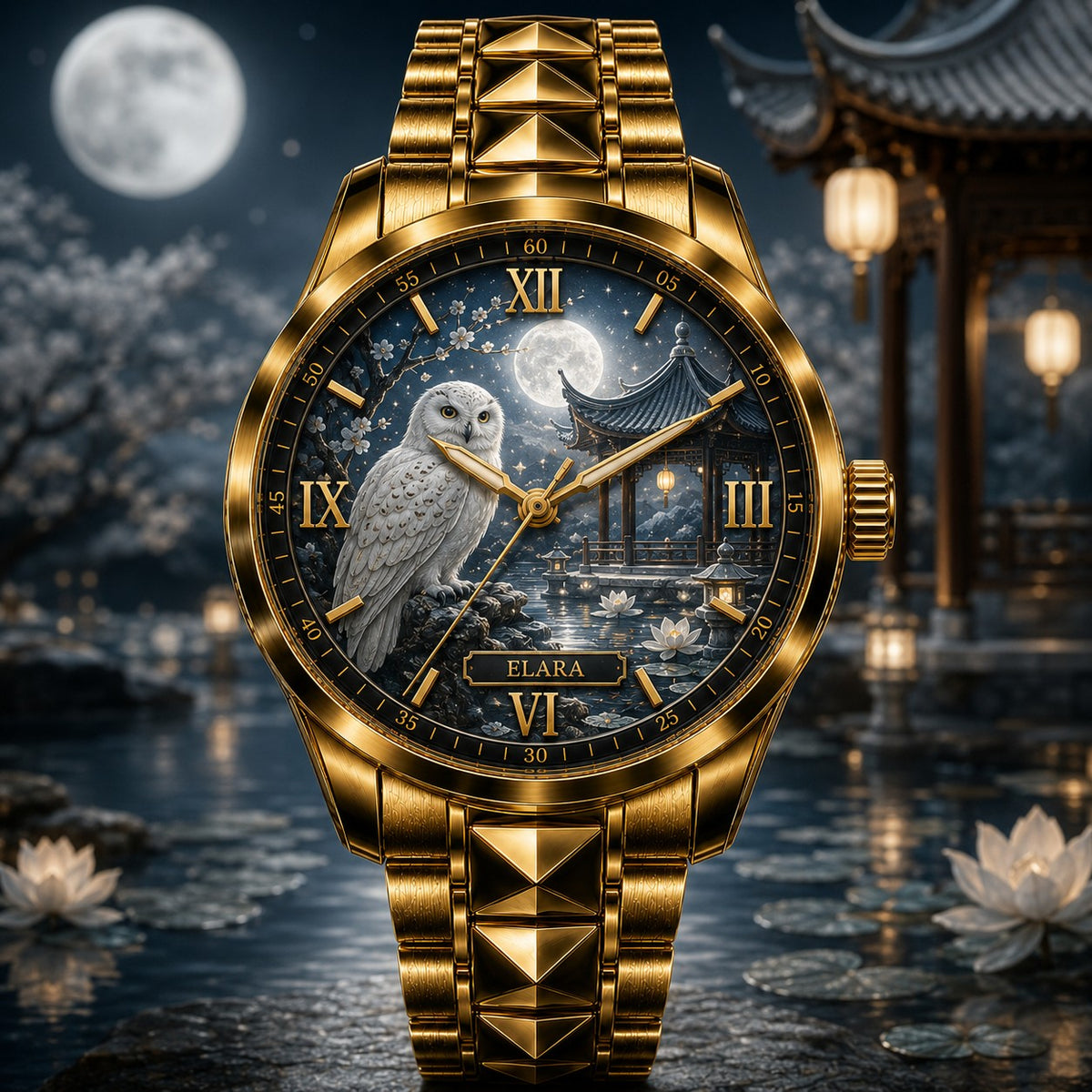 Custom Moonlit Snow Owl Garden Watch — personalized with a custom name