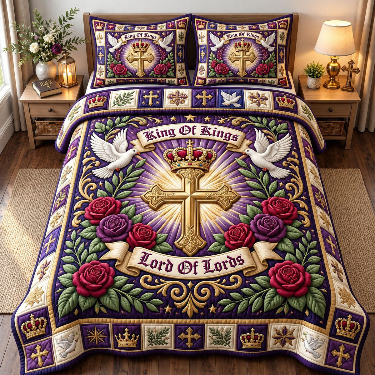 King Of Kings Lord Of Lords quilted 3-piece bedding set on a made bed in a softly lit bedroom