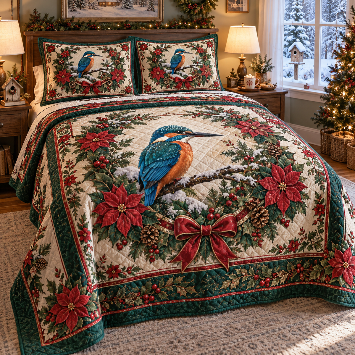 Kingfisher Christmas 3-Piece Quilted Bedding Set — digital product visualization