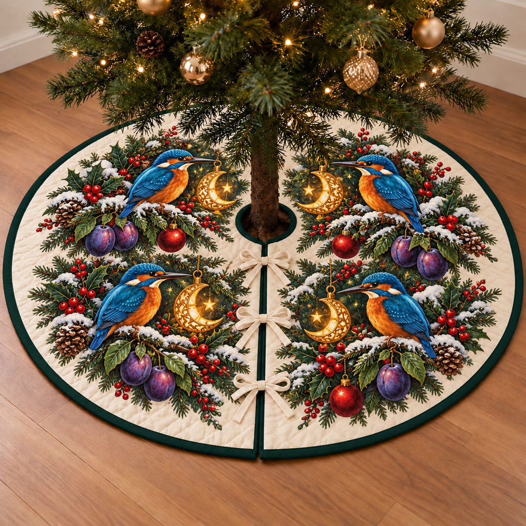 Kingfisher Plum Moon Lantern printed Christmas circular tree skirt; design mockup showing a flat printed depth effect.
