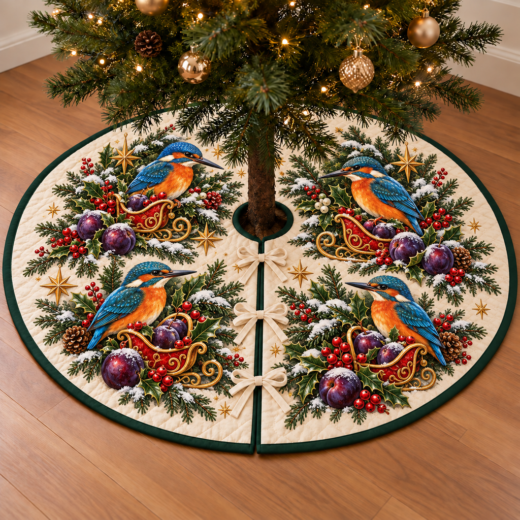 Kingfisher Plum Toy Sleigh printed Christmas circular tree skirt; design mockup showing a flat printed depth effect.