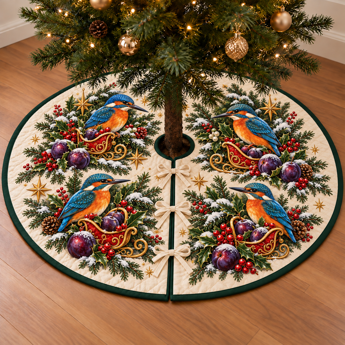 Kingfisher Plum Toy Sleigh printed Christmas circular tree skirt; design mockup showing a flat printed depth effect.