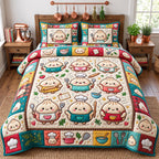 Kitchen Chef Dumplings quilted 3-piece bedding set on a made bed with two matching pillow shams
