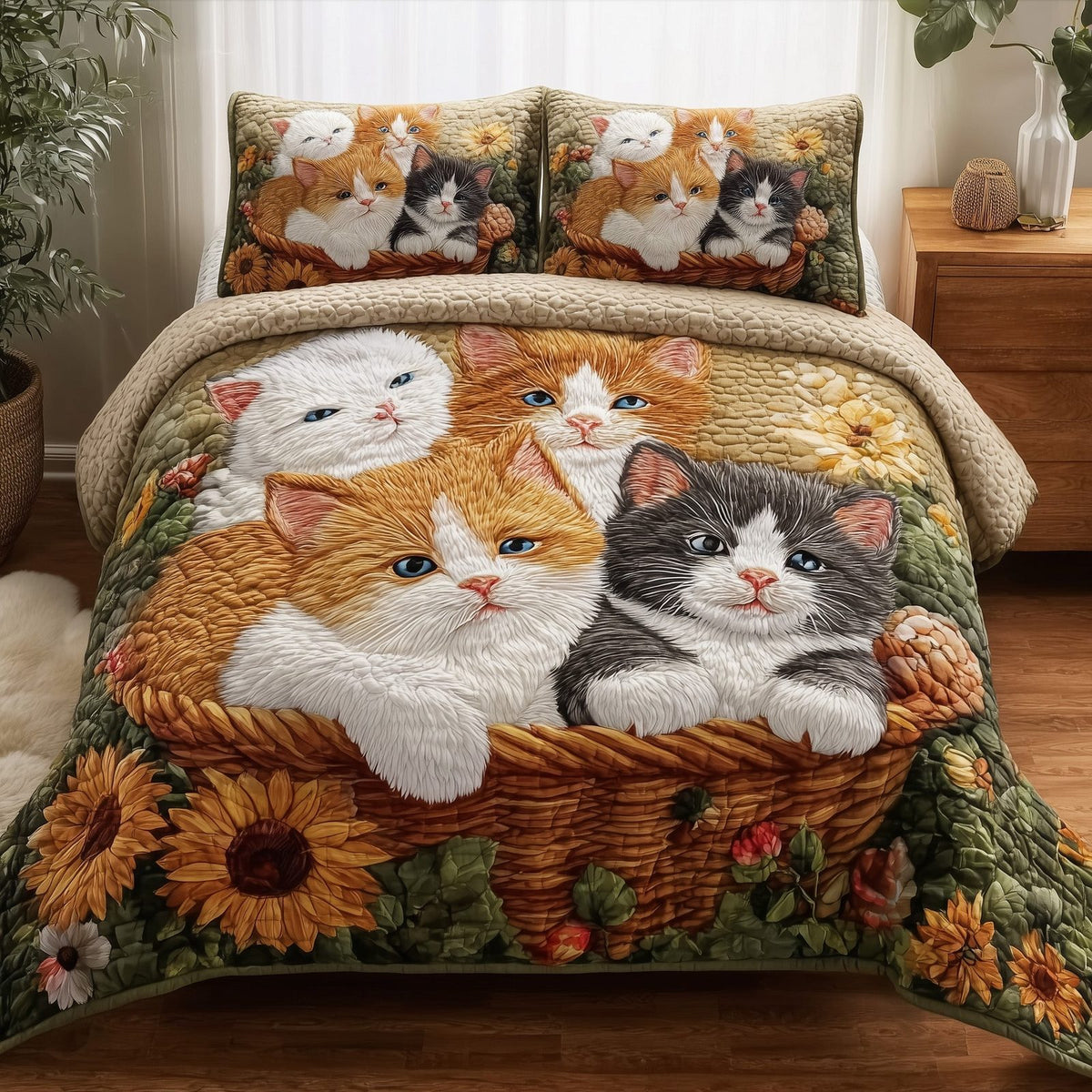 Kittens Garden Basket quilted 3-piece bedding set on a made bed with two matching pillow shams