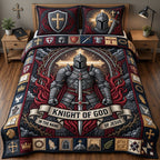 Knight Of God quilted 3-piece bedding set on a made bed in a softly lit bedroom