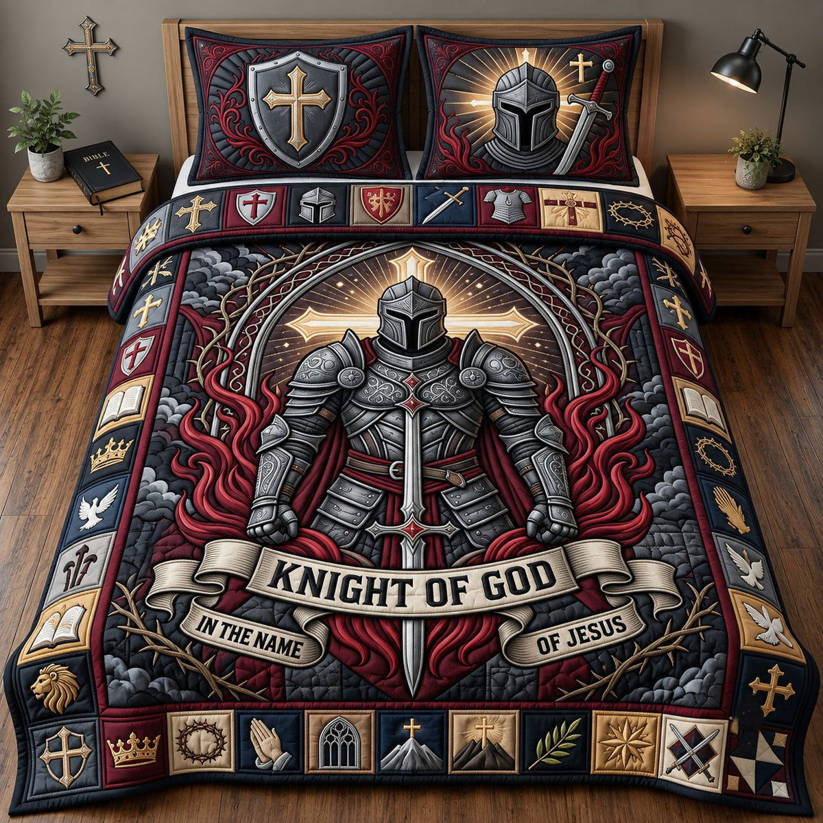 Knight Of God quilted 3-piece bedding set on a made bed in a softly lit bedroom