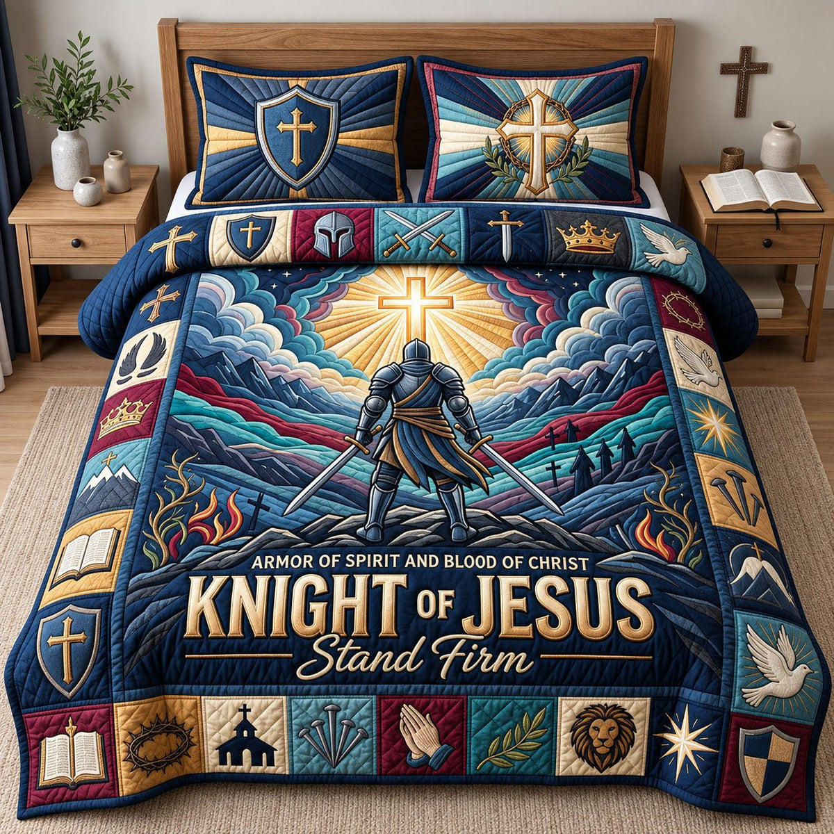 Knight Of Jesus quilted 3-piece bedding set on a made bed in a softly lit bedroom