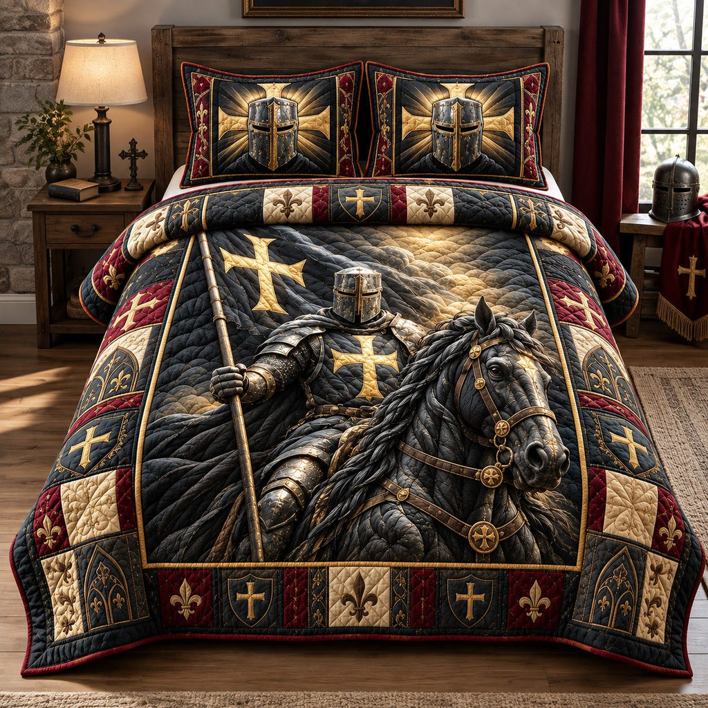 Knight Of The Golden Cross quilted 3-piece bedding set on a made bed in a softly lit bedroom