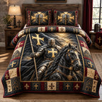 Knight Of The Golden Cross quilted 3-piece bedding set on a made bed in a softly lit bedroom