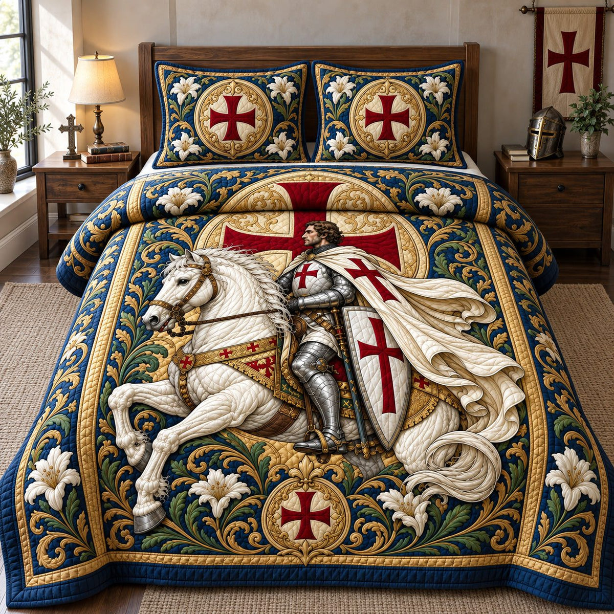 Knight Of The Holy Cross quilted 3-piece bedding set on a made bed in a softly lit bedroom