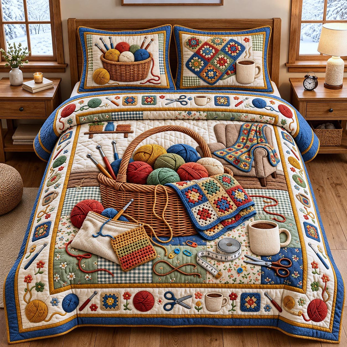 Knitting Basket Patchwork quilted 3-piece bedding set on a made bed in a farmhouse bedroom