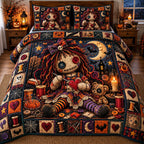 Knitting Voodoo Doll Moonlight quilted 3-piece bedding set on a made bed against a dark styled interior