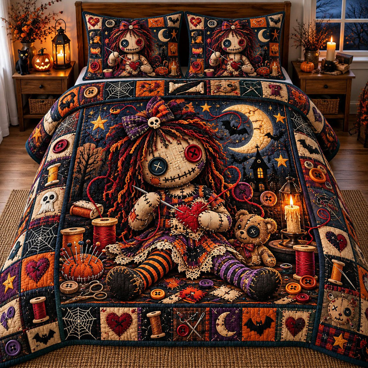 Knitting Voodoo Doll Moonlight quilted 3-piece bedding set on a made bed against a dark styled interior