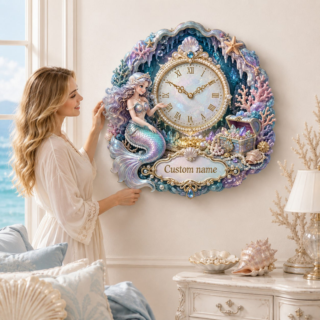 Personalized mermaid treasure-cove wall decor Custom Name Wall Clock — personalized with a custom name