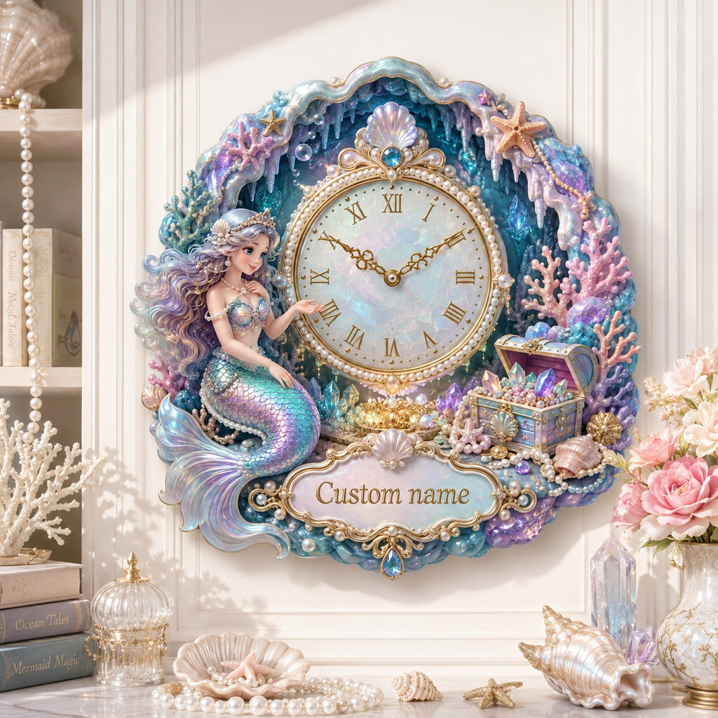 Personalized mermaid treasure-cove wall decor Custom Name Wall Clock — personalized with a custom name