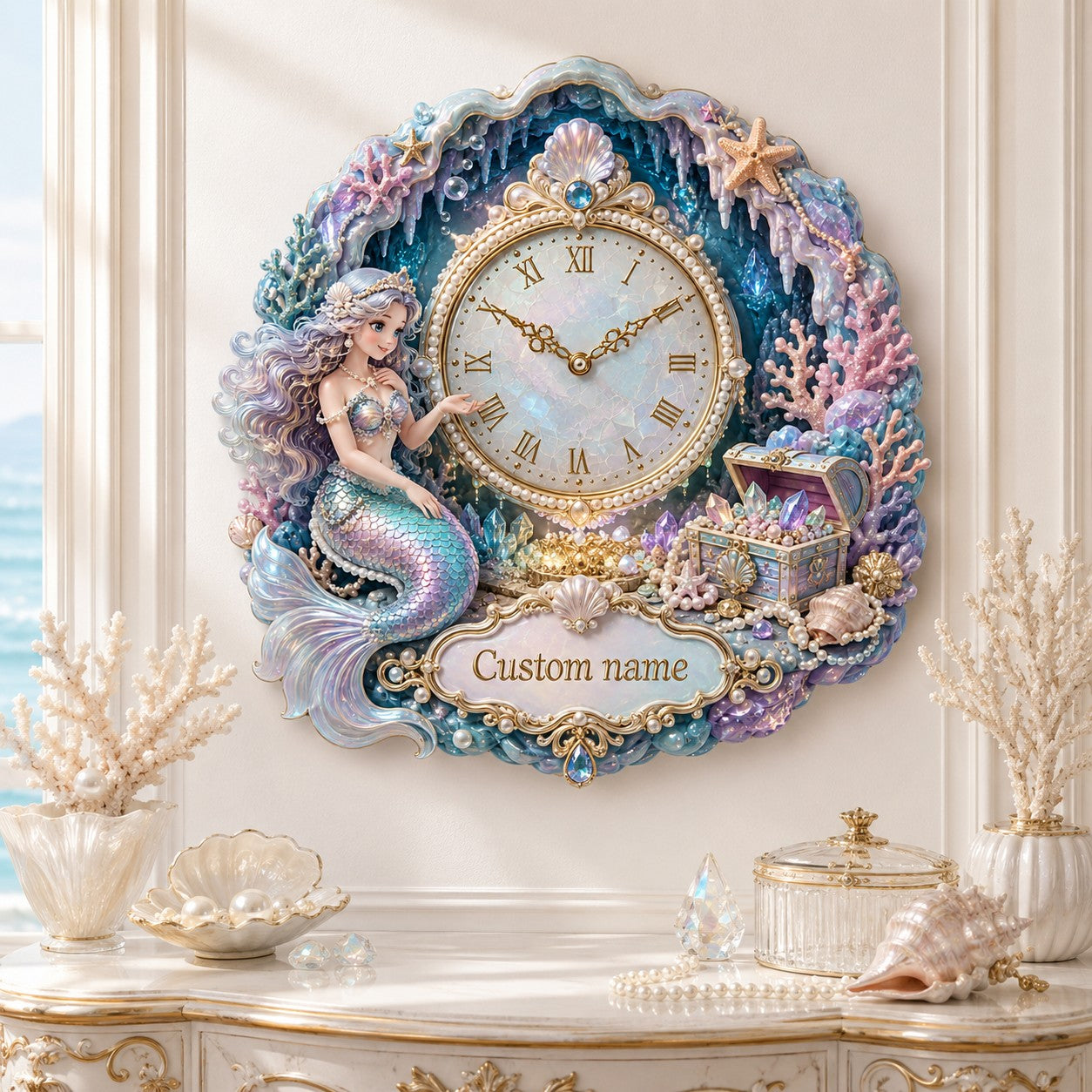 Personalized mermaid treasure-cove wall decor Custom Name Wall Clock — personalized with a custom name