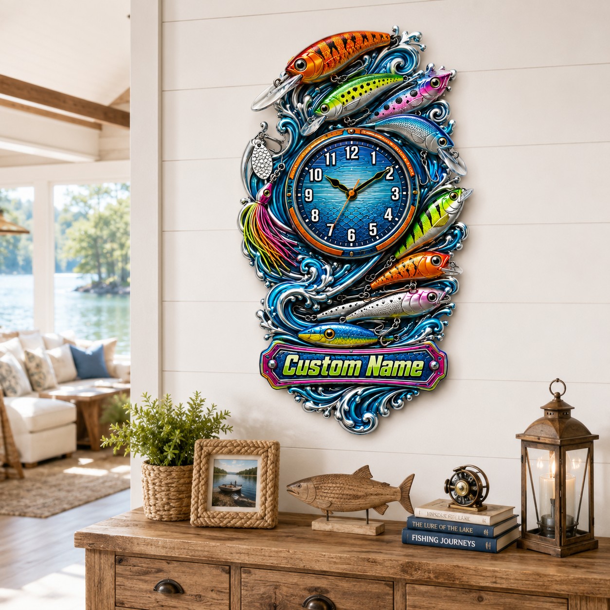 Personalized fishing lure wall clock — personalized with a custom name