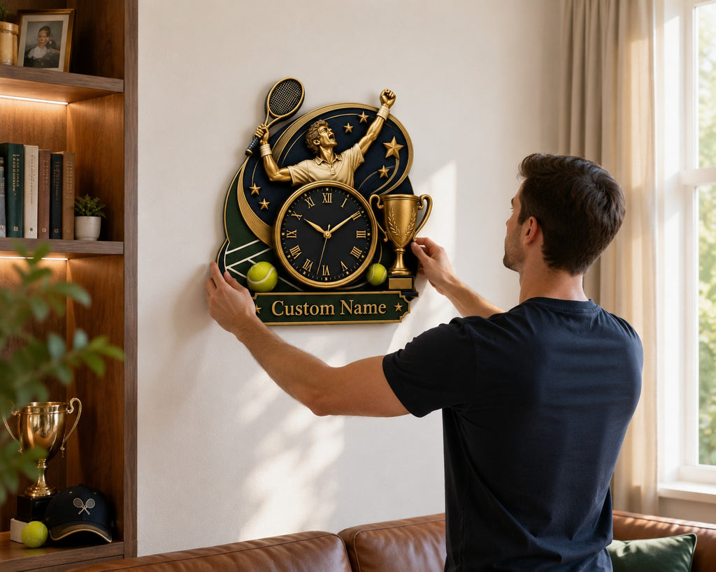Tennis victory Custom Name Wall Clock — personalized with a custom name