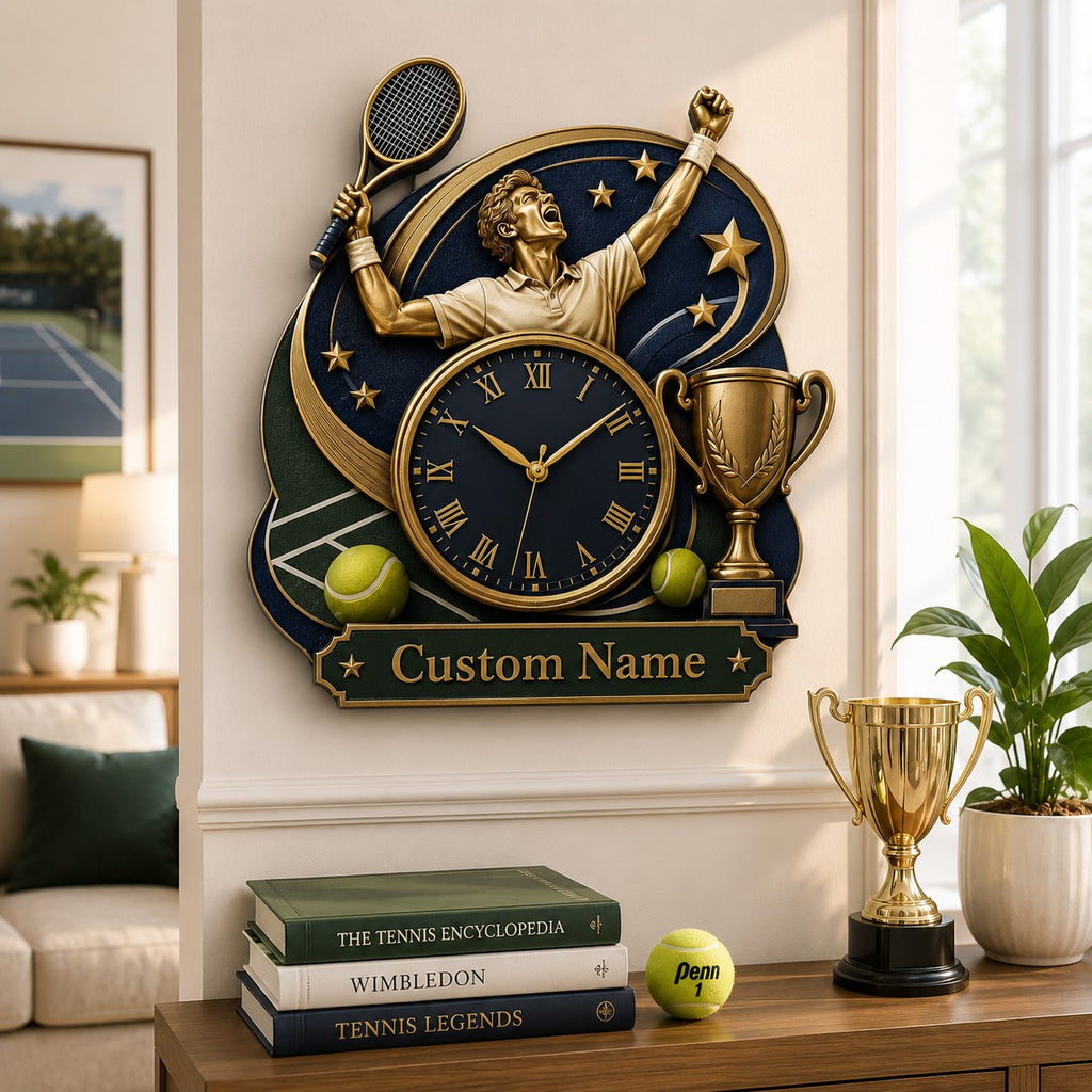 Tennis victory Custom Name Wall Clock — personalized with a custom name