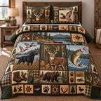 Labrador Duck Deer Hunting quilted 3-piece bedding set on a made bed with two matching pillow shams
