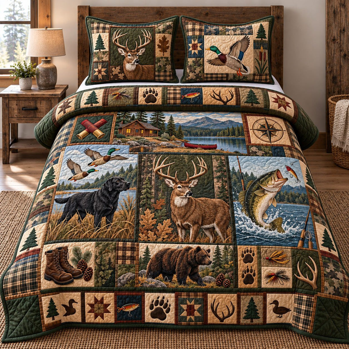 Labrador Duck Deer Hunting quilted 3-piece bedding set on a made bed with two matching pillow shams