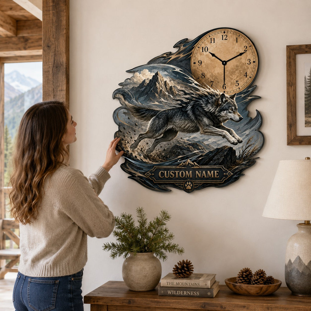 Running wolf Custom Name Wall Clock — personalized with a custom name