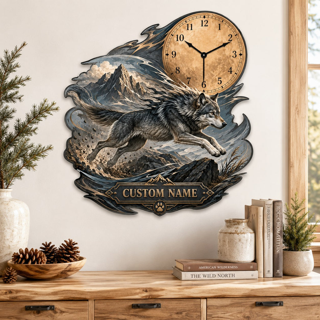 Running wolf Custom Name Wall Clock — personalized with a custom name
