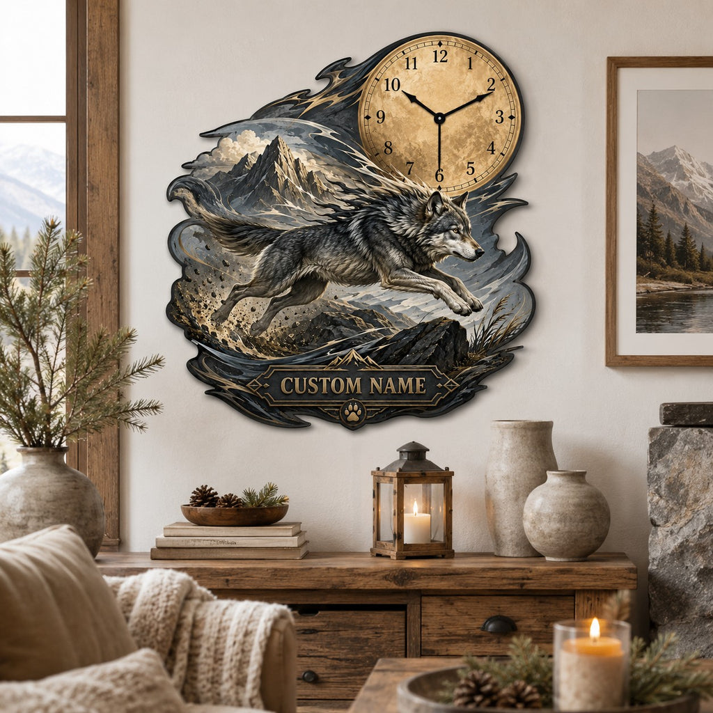 Running wolf Custom Name Wall Clock — personalized with a custom name
