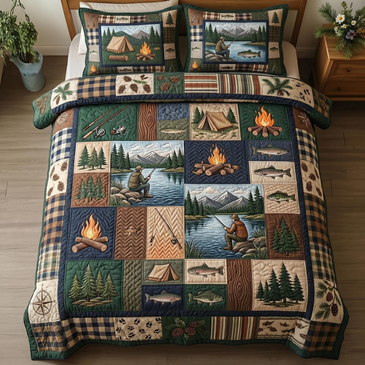 Lake Angler Patch quilted 3-piece bedding set on a made bed with two matching pillow shams